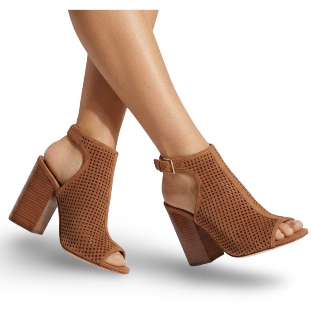 Tory Burch Perforated Women's 10 Open-Toe Booties Sandals Tan Brown Block Heel